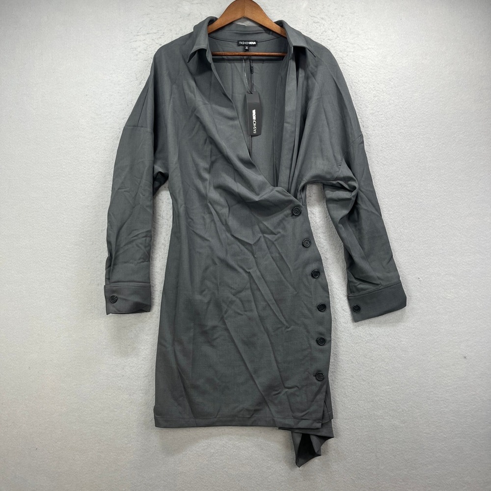 Fashion Nova On The Stand Wrap Midi Dress Womens M Dark Grey Asymmetric Office